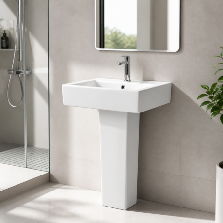 Ceramic Pedestal Basin with CE Certification | Modern Square Bathroom Sink for Homes & Hotels