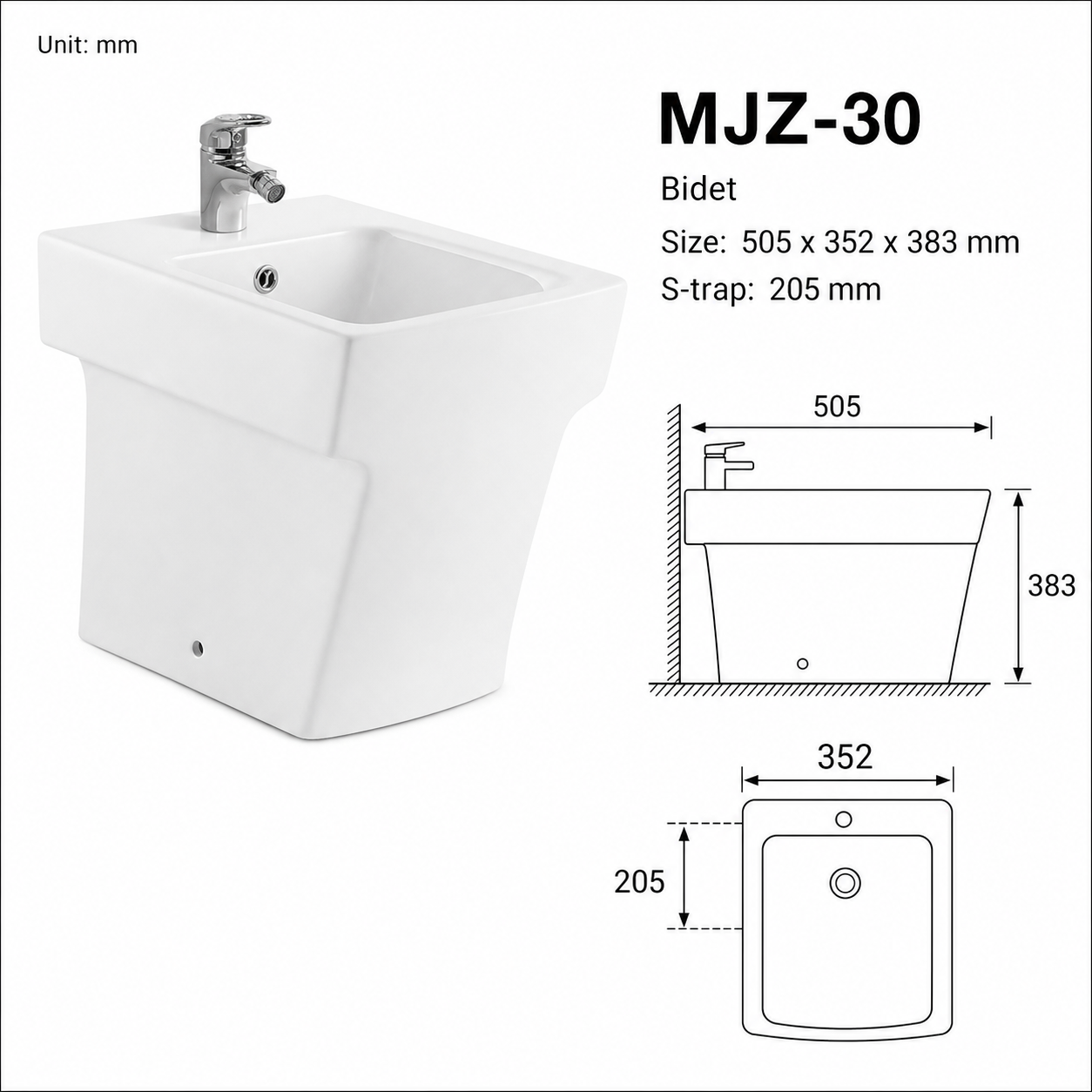 Floor Mounted Ceramic Bidet with S-Trap 205mm
