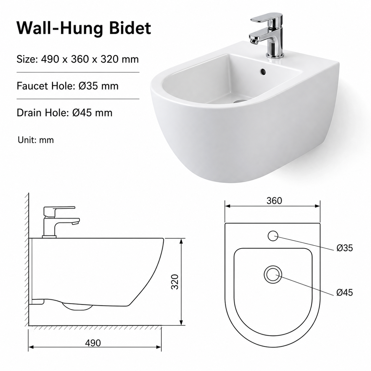 AB-601 White Ceramic Wall Hung Toilet Bidet Set