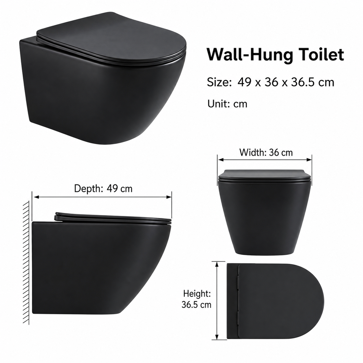 Factory Direct Matte Black Wall Hung Toilet Rimless Ceramic WC for Hotels & Projects