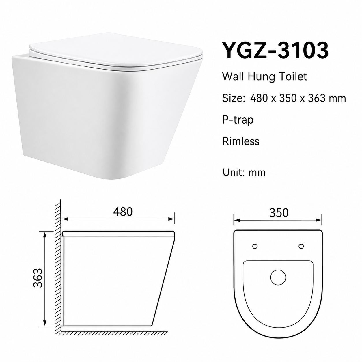 AIDI Rimless Square Wall Hung Toilet European Style Ceramic Toilet with Concealed Tank