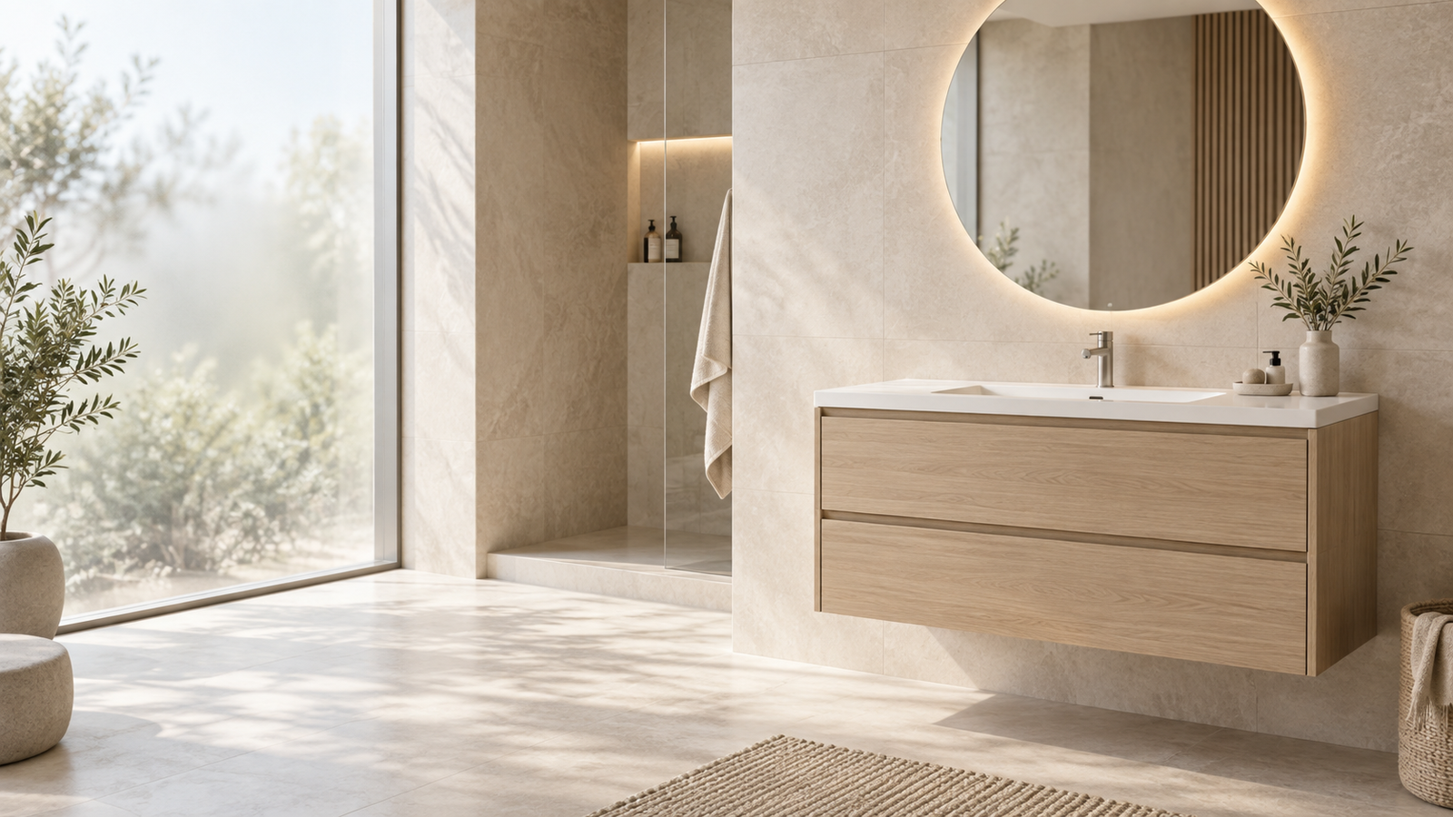 Modern pale oak bathroom cabinet with integrated basin