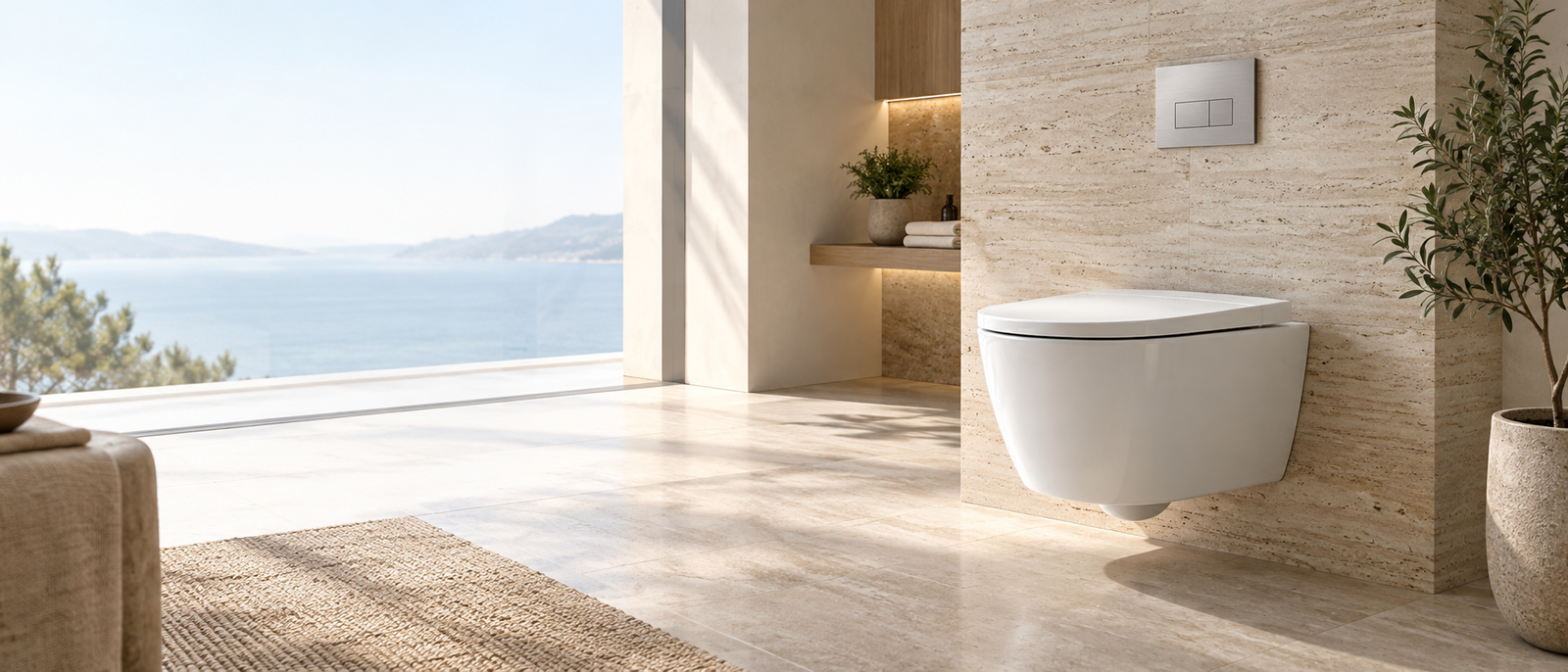 Wall hung toilet in a contemporary project bathroom