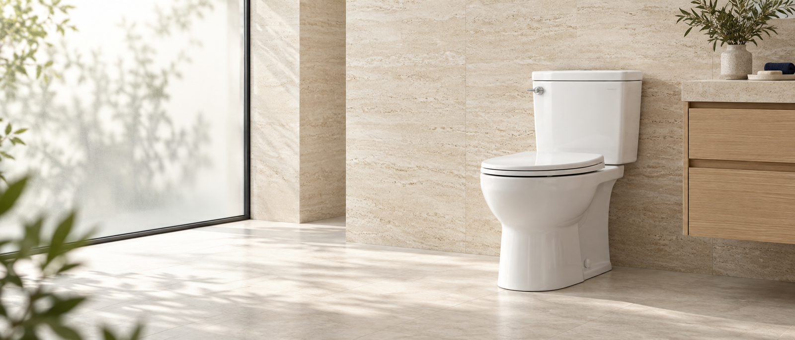 Two piece toilet in a premium bathroom for wholesale and projects
