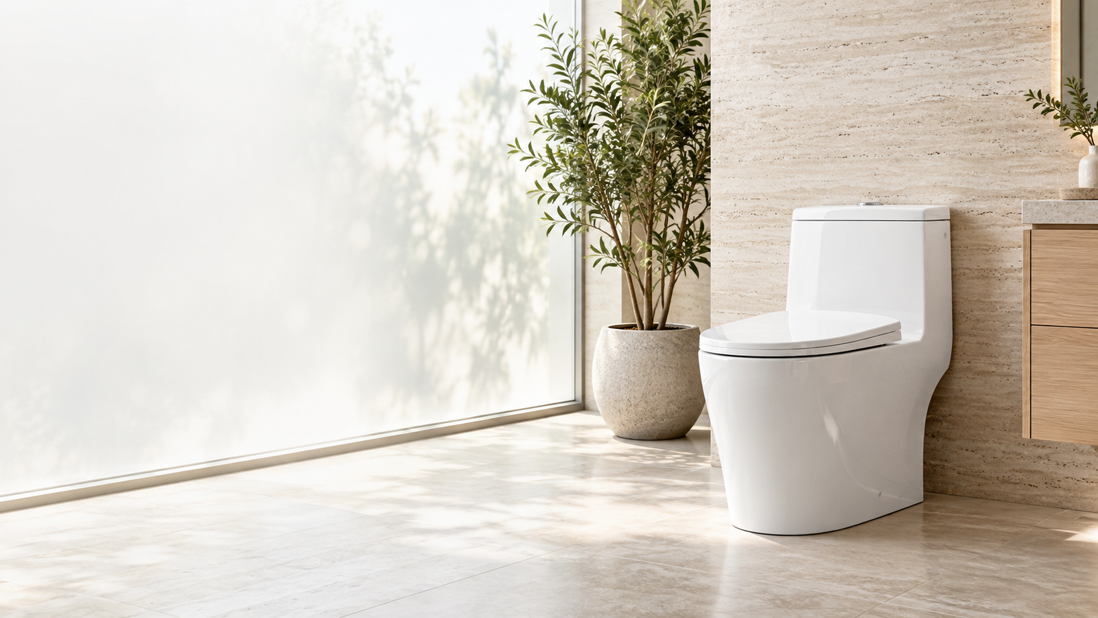 Modern white one piece toilet in a premium bathroom