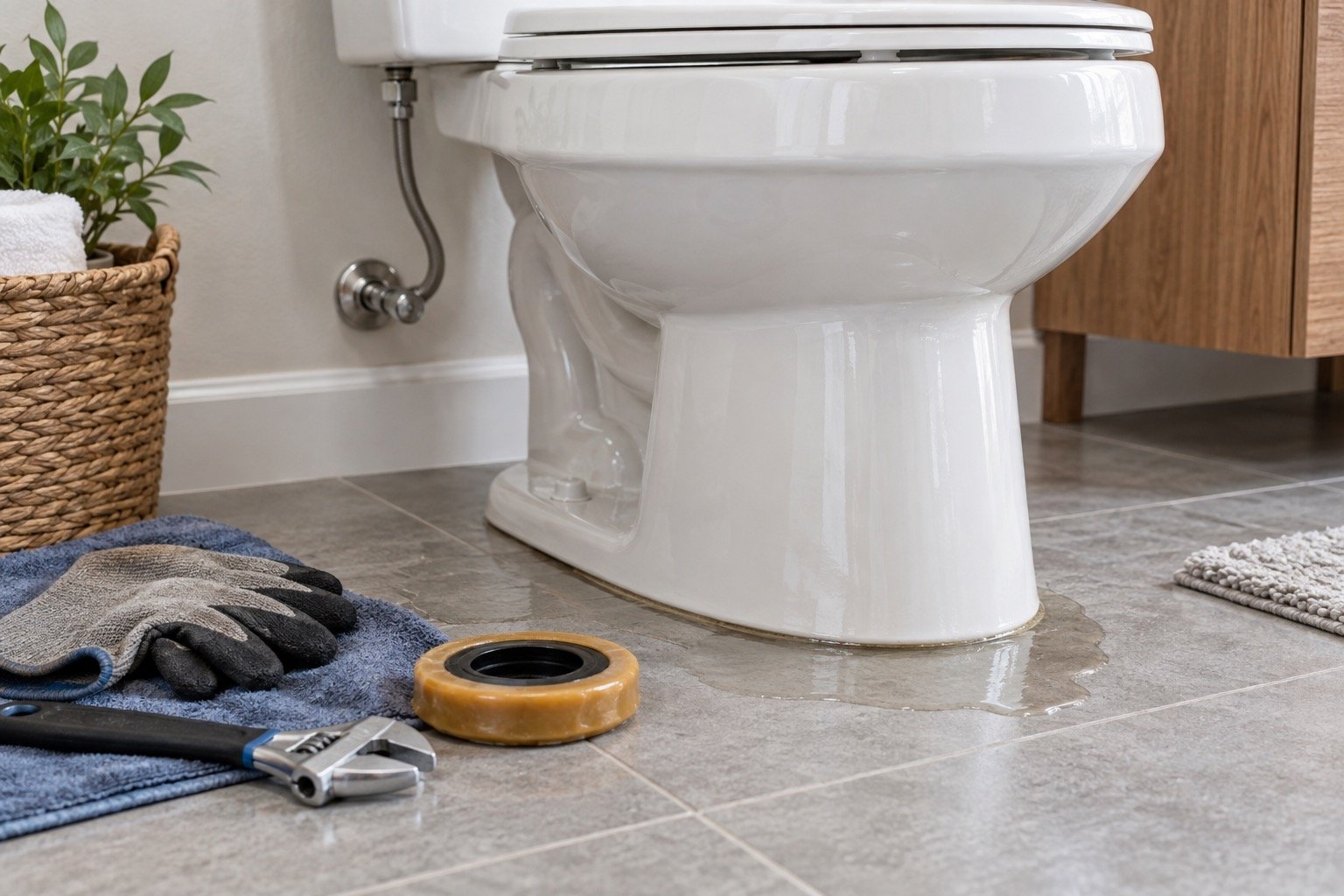 Toilet leaking at the base with water pooling around the bowl